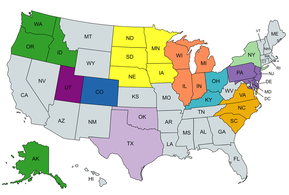 Map of the USA indicating the states covered by representatives of C.F. Maier Composites