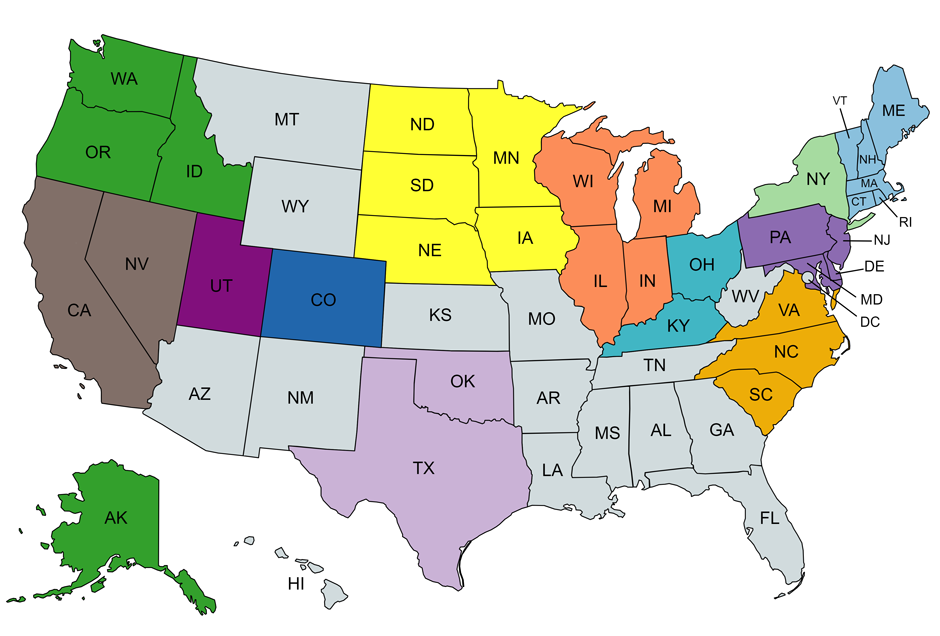 Map of the USA indicating the states covered by representatives of C.F. Maier Composites